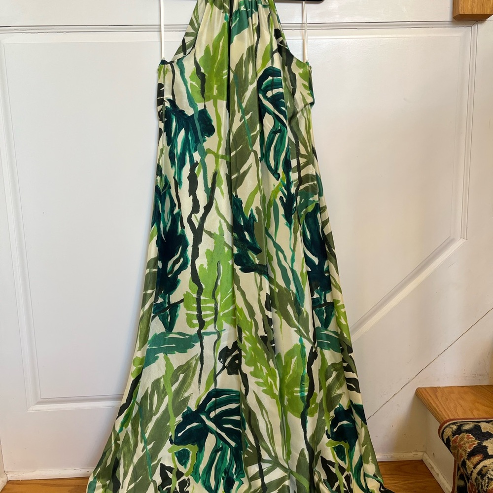Green and Blue Leaf Print Halter Dress